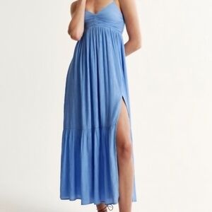Abercrombie & Fitch Crinkle Textured Ruched Maxi Dress Side Slit Size Large